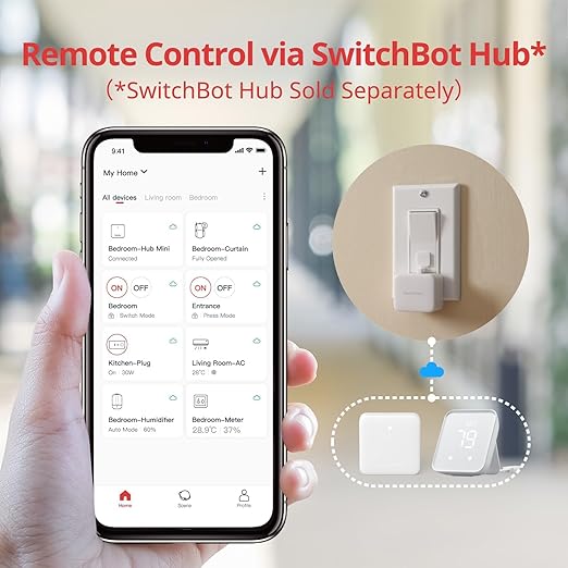 Switchbot Smart Switch Button Pusher (Bluetooth) – Fingerbot for Rocker Switch/One-Way Buttons with bot, App Timer Control, No Wiring, Optional Hub Required for Voice/Remote, White