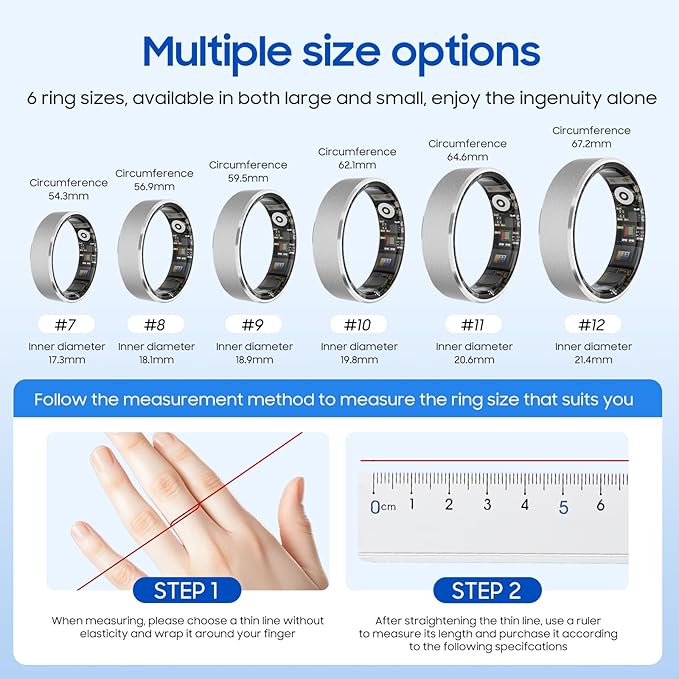 Smart Health Ring, Featuring Stress and Sleep Monitoring Functions, Compatible with iOS and Android,Waterproof Fitness Tracker for Women & Men, No Subscription Fee. (Silver, 7)