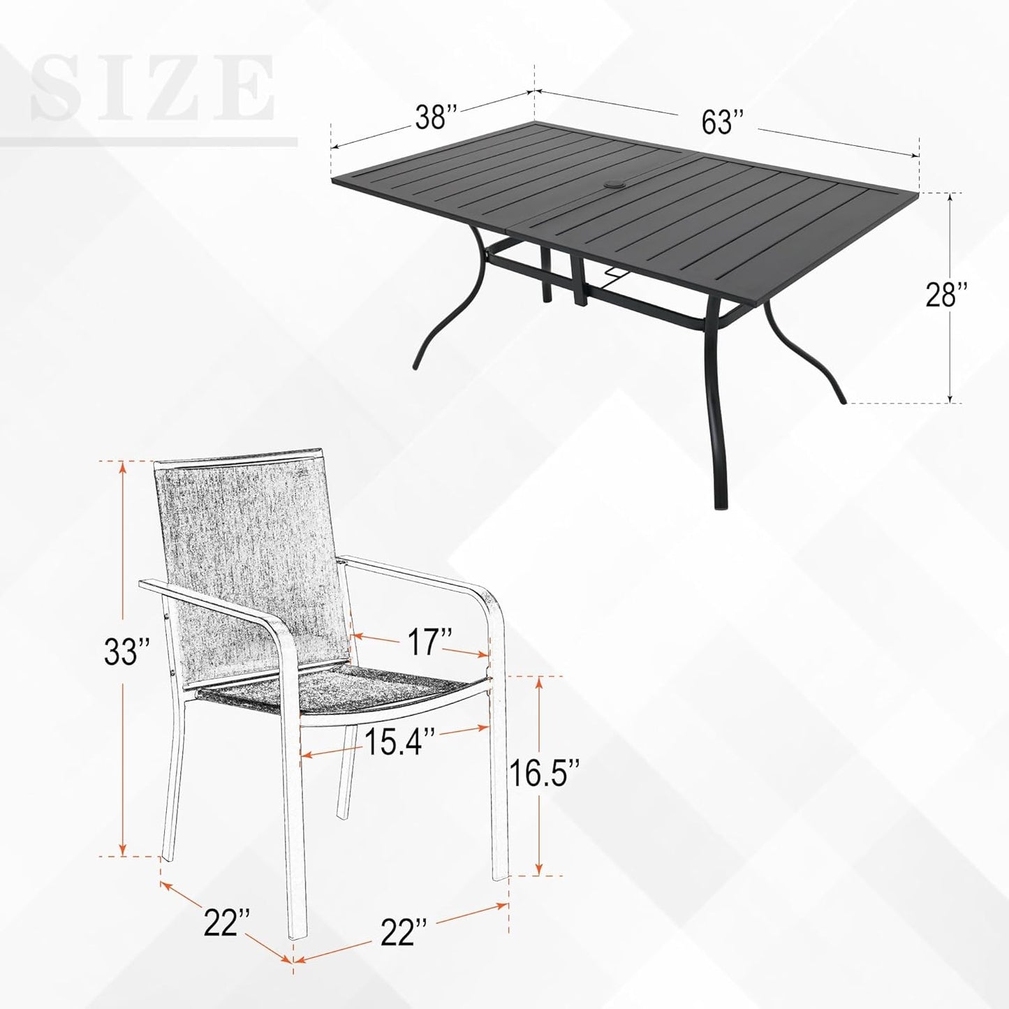 7-Piece Outdoor Patio Dining Set, 6 Stackable Patio Chairs & Rectangular Dining Table with All Weather Frame Furniture Set - Beige Gray