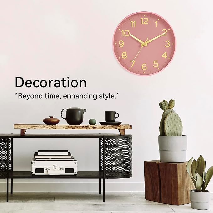 Roymnie Silent Wall Clocks Battery Operated 10 Inch-Modern Non Ticking Analog Clock Decorative for Kitchen Office Bathroom Bedroom(Pink Gold)