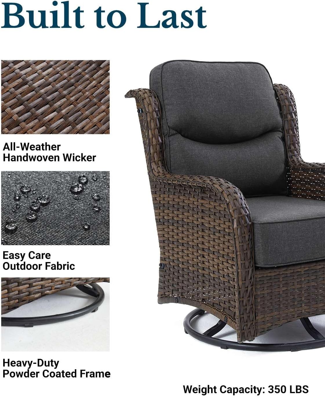 HILLGA Luxury Patio Furniture Set with 6-inch Thick Cushion, Outdoor High Back Swivel Rocker Patio Chairs, 5PCS Wicker Conversation Set for Deck Yard and Poolside, Dark Grey (V2)