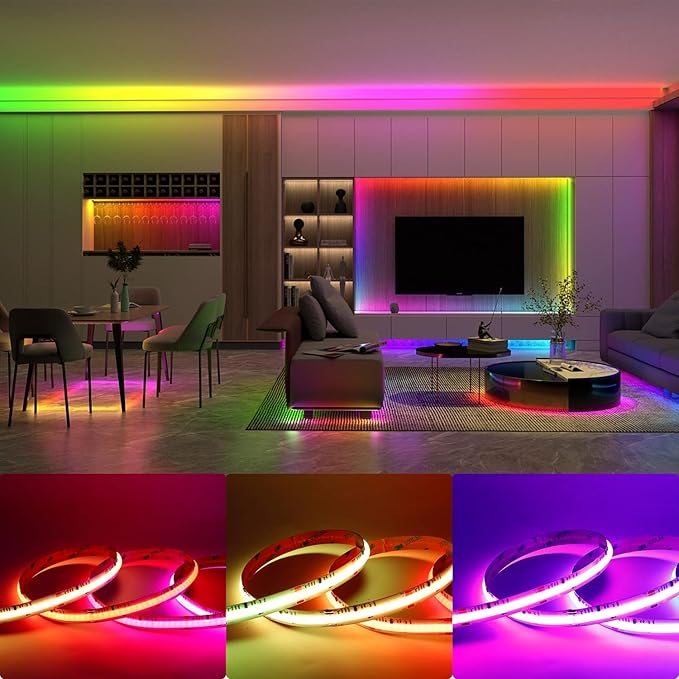 Smart WS2811 IC RGB COB LED Strip 16.4FT/5M, 720LED/m 20IC/M 12mm Width High Density Uniform Chasing Color Light DC12V White PCB Flexible Tape Light(No Adapter or Controller)