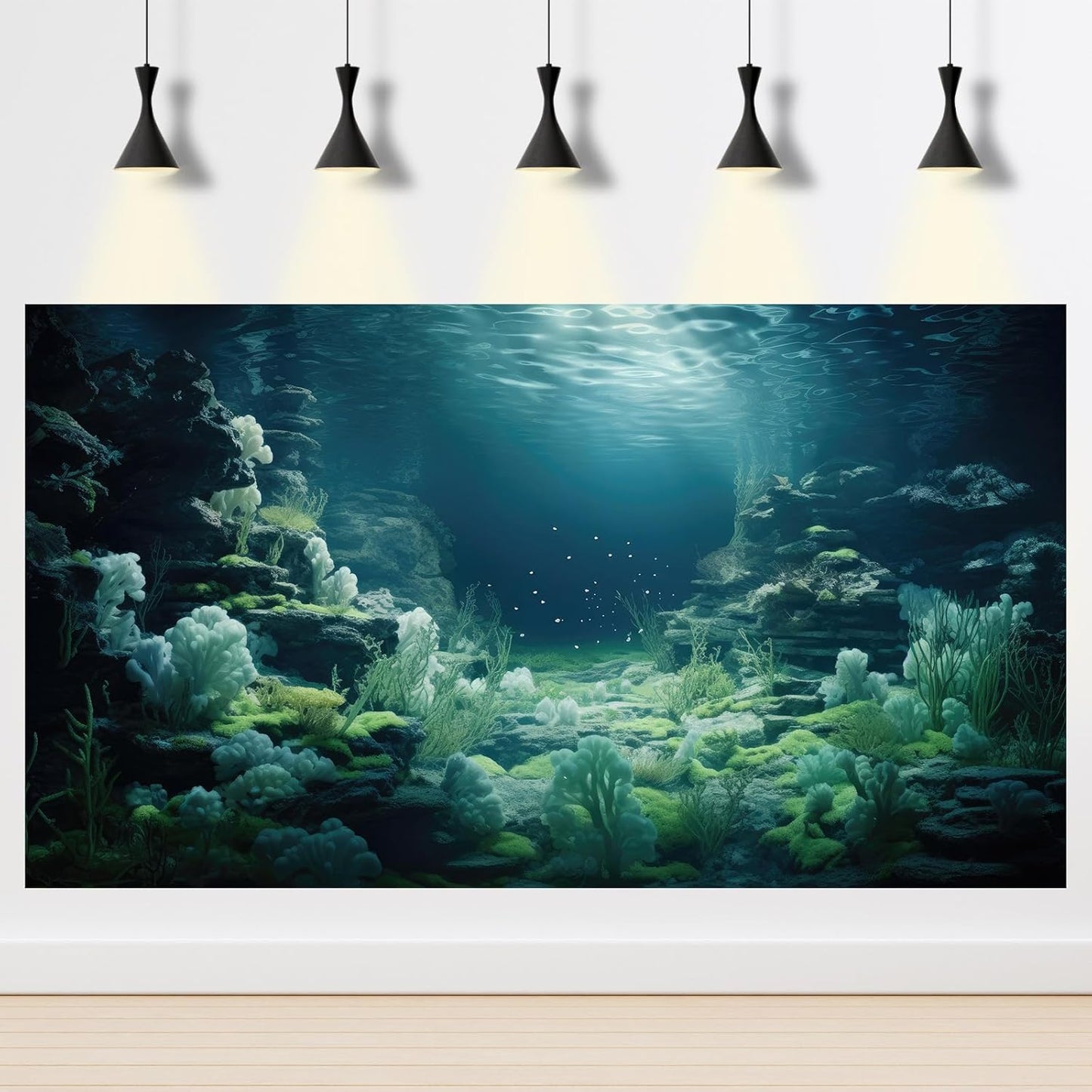 Aquarium Background Underwater Bioluminescent Life Coral Terrarium Backdrop White Coral Lush Moss Fish Tank Background Rock Sunlight Rays Tank Aquarium Wallpaper Poster Vinyl 30x18in