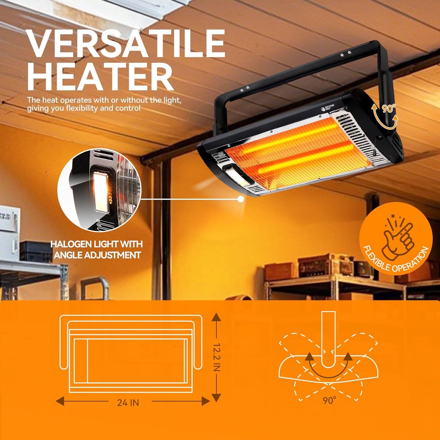 Electric Garage Heater 120V, 750/1500W Ceiling Mount Space Heater for Garage, Shop, Patio with 90° Adjustable Tilt, Dual Quartz Radiant, Safety Metal Grille and Overheat Protection, 1-Pack