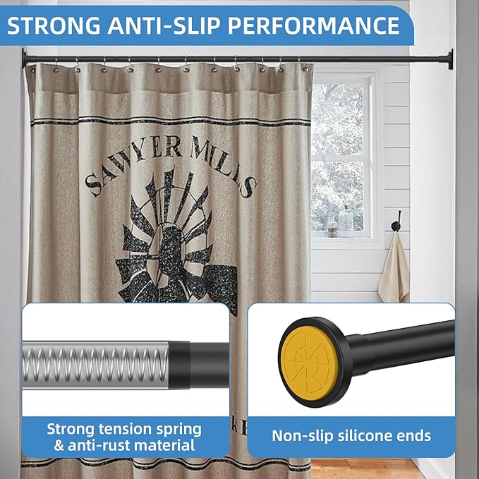 CorkLatta Matte Black Shower Curtain Rod,1 Inch Diameter Stainless Steel Adjustable Spring Tension Rods 32 to 92",with Holders,Anti-Slip,Curtain Rods No Drilling(1 Pack)