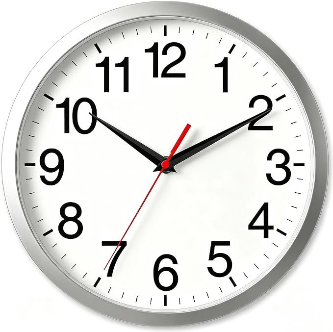 Rohioue 12 Inch Wall Clock Modern Battery Operated Silent Non Ticking Analog Clock Decorative for Bedroom Kitchen Bathroom Office Home Living Room (Silver)