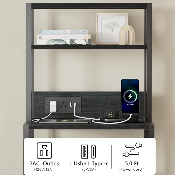 Furnulem Night Stand, Tall Nightstand with 4-Tier Shelves, 2 Fabric Drawers and Led Lights, Bed Side Tables with Charging Station, Bedside Table for Bedroom, Office, Black Oak | 4-Tier Shelves