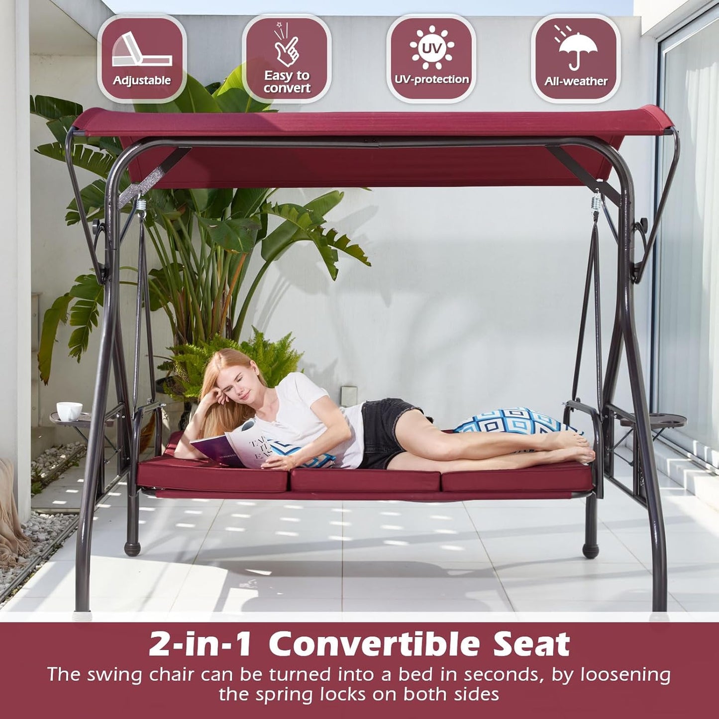 800LBS Patio Swing with Canopy 3 Seat Outdoor Porch Swing with Stand w/Cup Holder & Pillow Glider Chair Swing Bed for Patio Backyard Poolside (Red)
