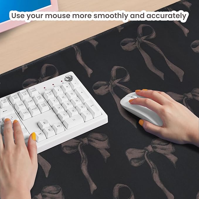 Black Desk Mat with Bows, Black Mouse Pad Non-Slip Rubber Base Girly Gaming Mouse Pad Keyboard Mat with Bow Large Computer Mat Office Supplies Desk Accessories Decor for School Girls Women 31.5 x 15.7