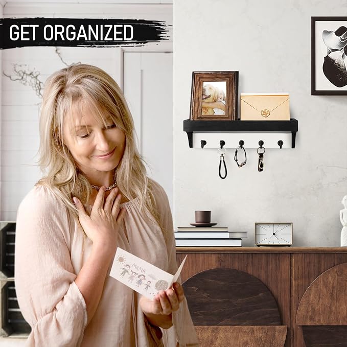 Rebee Vision Key Holder Wall Mount with Shelf - Decorative 2-Color Key Rack with 5 Rustic Key Hooks and Primitive Wood Mail Organizer Wall Mount - Modern Farmhouse Entryway Decor (Black & White)