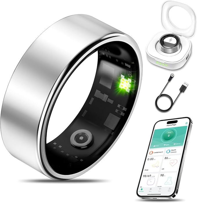 Smart Health Ring for Women Men Fitness Tracker with Heart Rate, Blood Oxygen, Blood Pressure, Sleep Monitoring, Step Counting, IP68 Waterproof for iOS and Android, No APP Fee, Silver 9