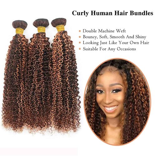 Giginger Jerry Curly Human Hair Bundles 24 26 28 Inch Brazilian Chocolate Brown Highlight P4/30 Jerry Curly Bundles Human Hair 100% Unprocessed Raw Quick Weave Hair for Black Women