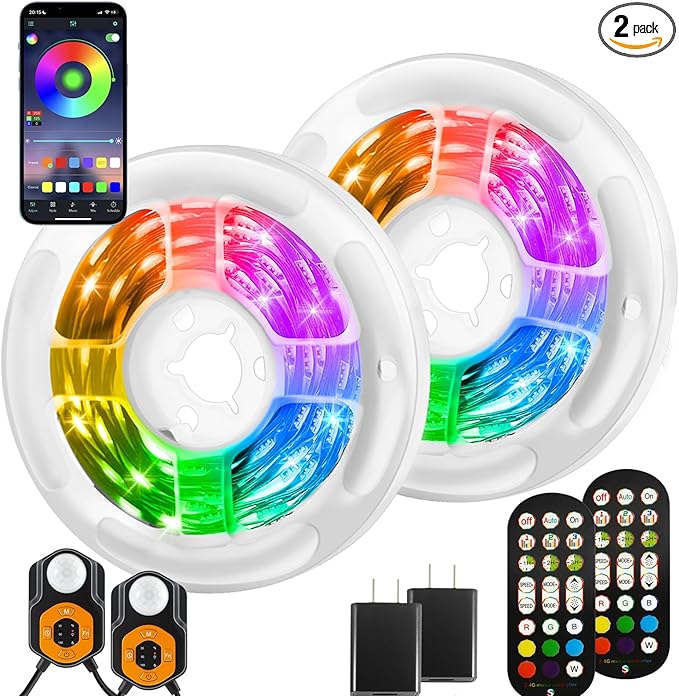 Motion Sensor LED Light Strip 2 x 10ft Under Bed Lights, RGB 3 Mode Motion Activated Bed Light with Music Sync and Timer, Dimmable Color Changing LED Lights for Bedroom Mother Day Gift