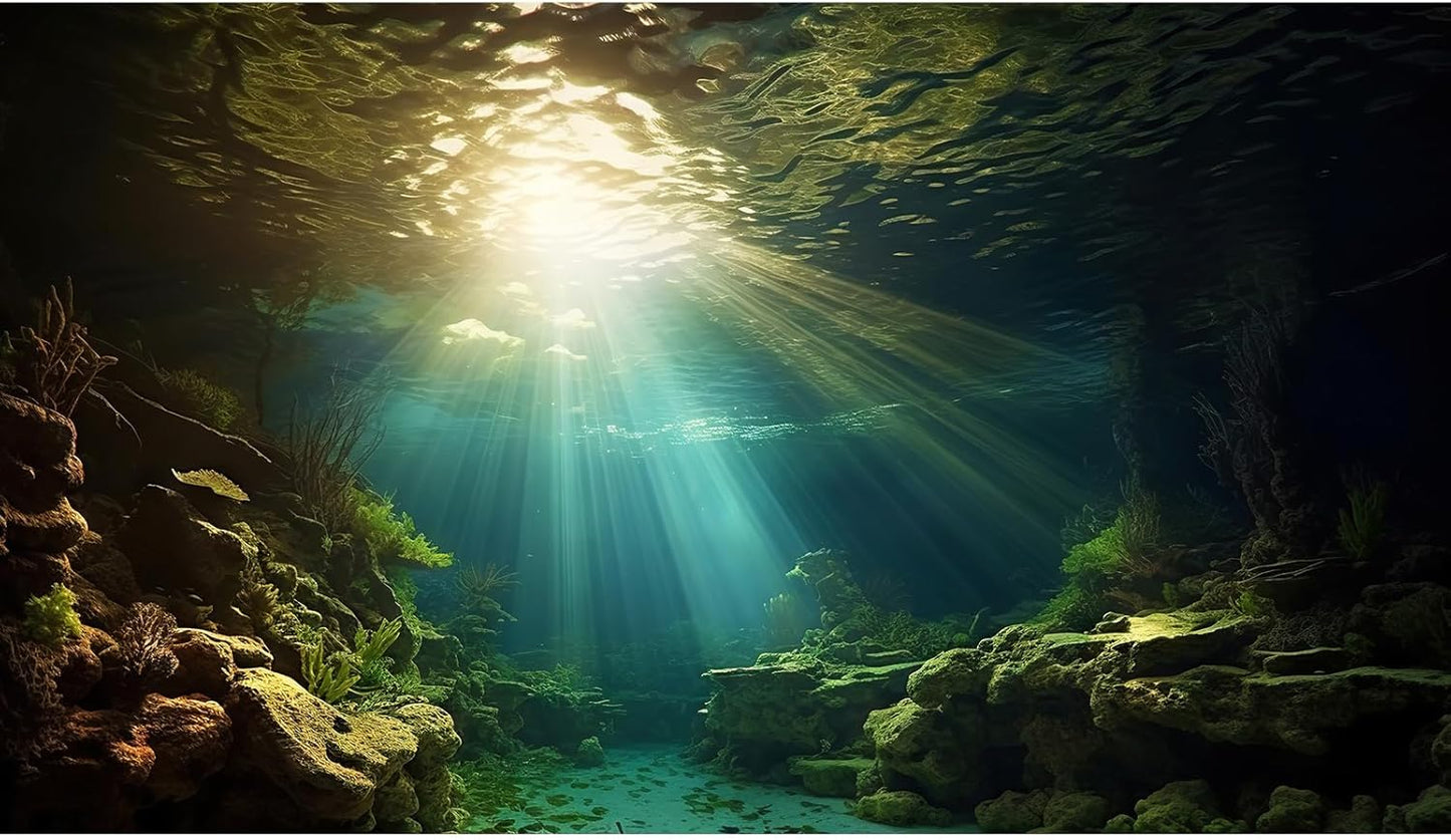 Fish Tank Background Under The Sea Aquarium Background Ocean Floor Sunray Rock Terrarium Backgrounds Coral Reef Aquatic Plants Underwater Cave Aquarium Wallpaper for Fish Tank Decorations 30x12in