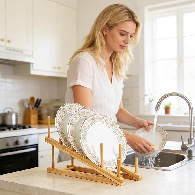Bamboo Dish Drying Rack Wooden Plate Rack Kitchen Pot Lid Holder Cabinet Organizer for Dish Plate Cup Pot Lid Bowl Cutting Board
