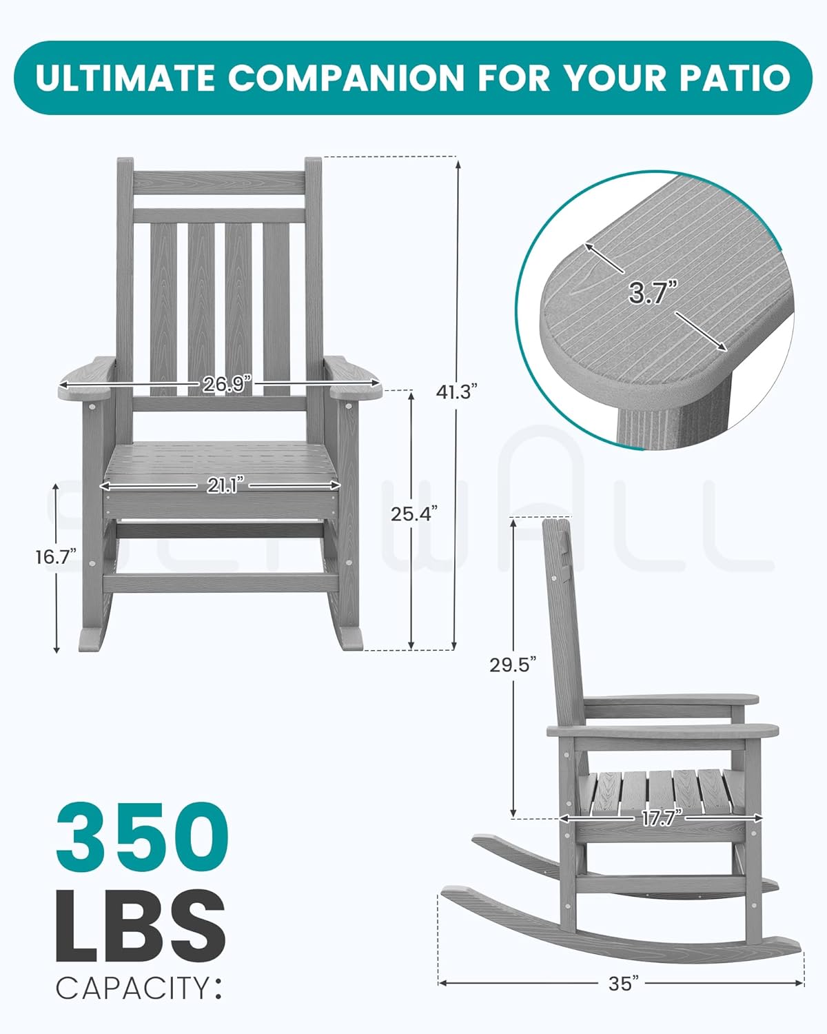 SERWALL Oversized Outdoor Rocking Chair Set of 4, HDPE Rocker for Adults, Patio Rocking Chairs for Porch, Sliver Gray