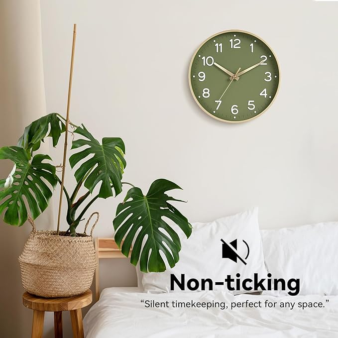 Roymnie Wall Clock Green, 10 Inch Silent Wall Clocks Battery Operated-Modern Non Ticking Analog Clock Decorative for Kitchen Bedroom Office Bathroom(Gold)