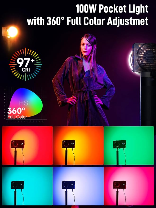 Video Light, COLBOR W100R RGB COB Continuous Output Lighting 100W 2700-6500K Full Color LED Studio Light CRI97+ TLCI98+ with APP Control for Photography