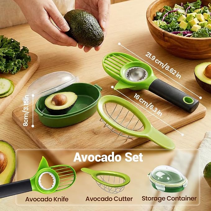 3 in1 Avocado Tool Split, Pit, and Slice, Avocado 3 Piece Set, Includes Avocado Slicer, Cutter and Airtight Storage Container,Kitchen Gadget (6 piece set)