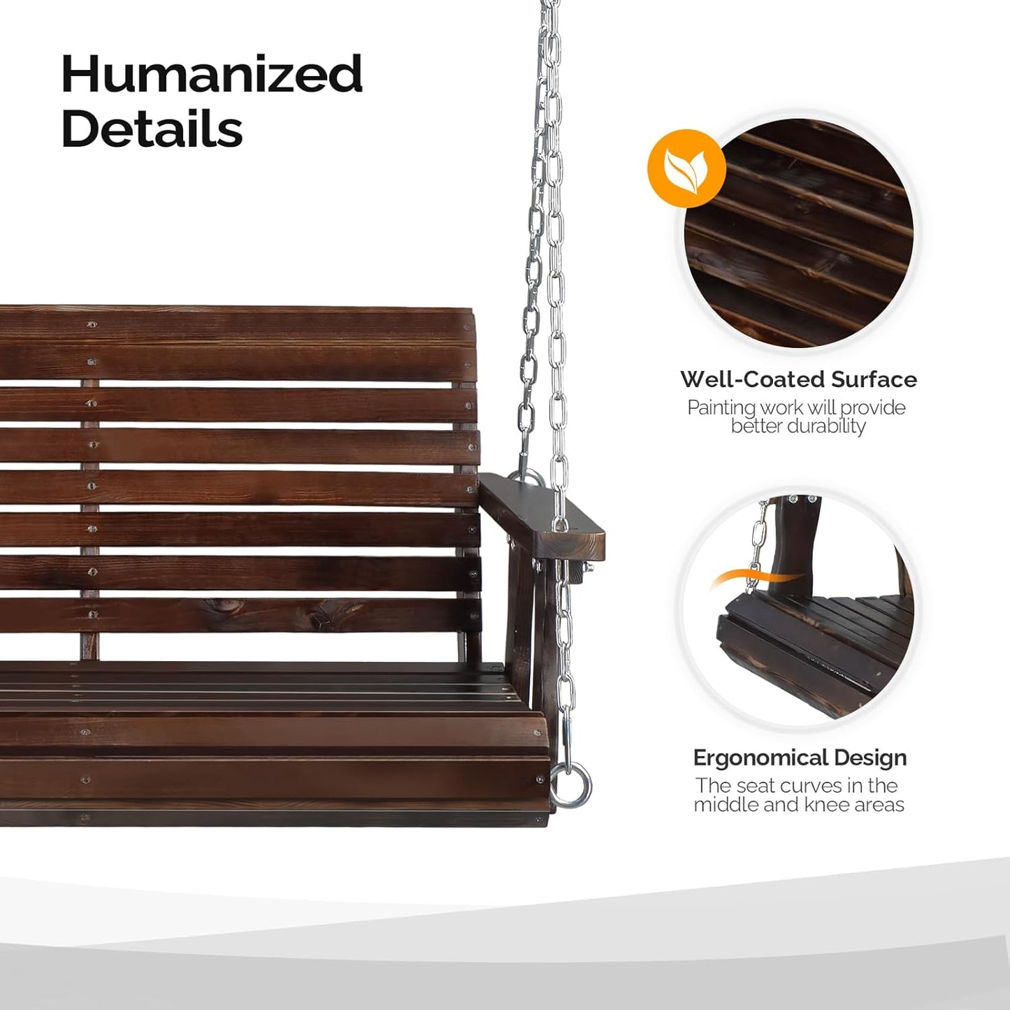 VINGLI Heavy Duty 880 LBS Patio Porch Swing Outdoor PU Painting, Hanging Chair with Adjustable Secure Chains, Finished Outdoor Bench Tree Swing for Yard | Garden | Lawn | Balcony (5 FT, Rustic)