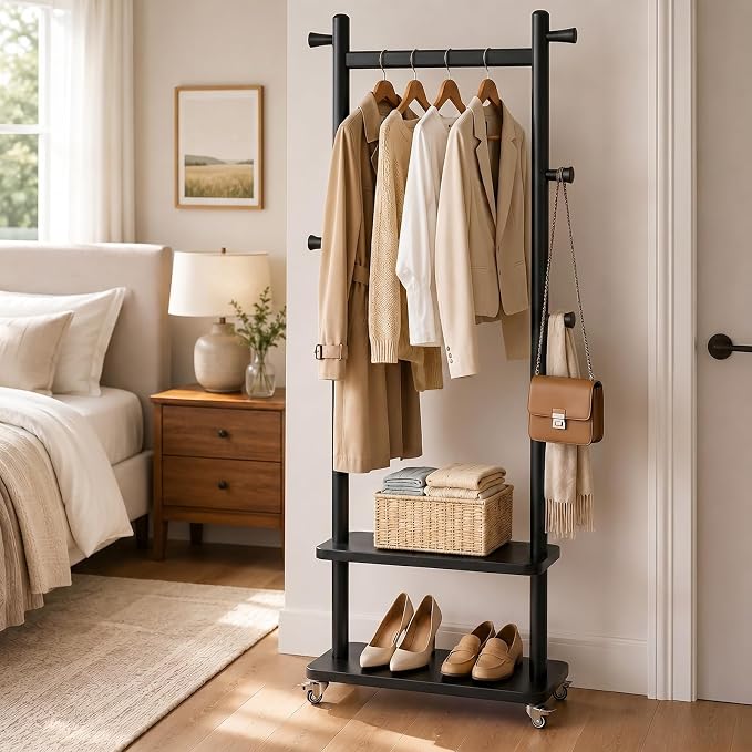 Taitiy Coat Rack Freestanding Clothing Rack with Wheels & 2 Shelves Storage & 5 Hooks Heavy Duty Clothes Rack Wood Coat Tree Stand Hat Hanger Rack for Corner Bedroom Entryway Living Room Hotel Size L