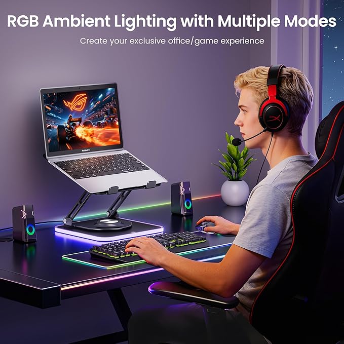 JOYEKY Adjustable Laptop Stand with RGB Lighting,Aluminum Ergonomic Computer Stand with 360° Rotating Base,Foldable & Portable Laptop Riser, Suitable for All 10-16” Laptops