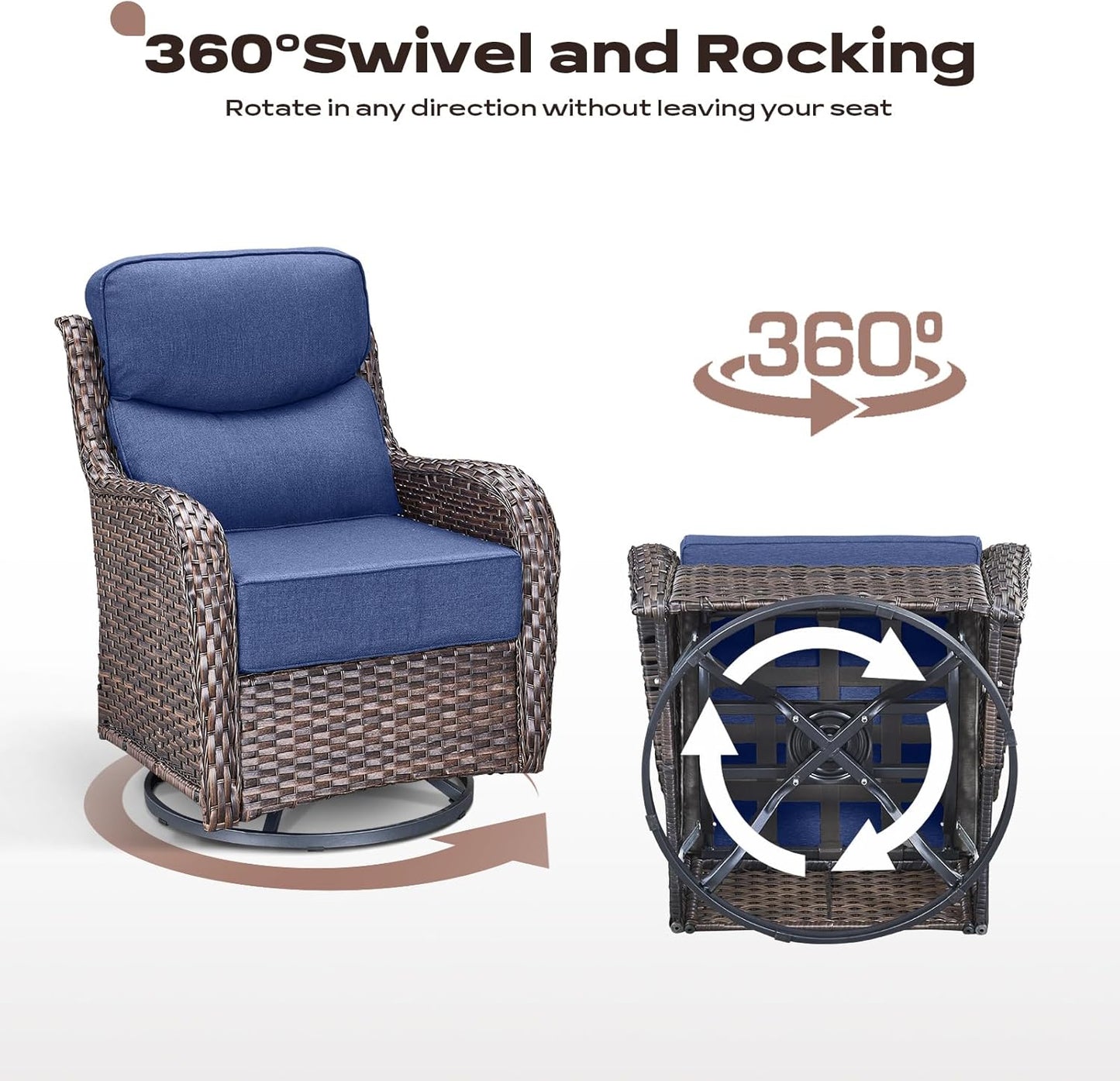 Wicker Outdoor Patio Furniture Set - 5 Piece Patio Conversation Sets with Swivel Rocker Chairs, Ottomans and Side Table, 6 inch Cushions, Waterproof Wicker, for Porch Deck Brown/Blue
