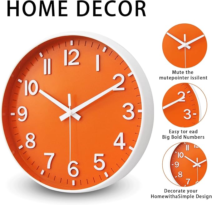 HZDHCLH Wall Clocks Battery Operated,Wall Clock Orange,14 inch Wall Clock Silent Non Ticking Modern 3D Numbers for Kitchen Bedroom Living Room Office Classroom Decor