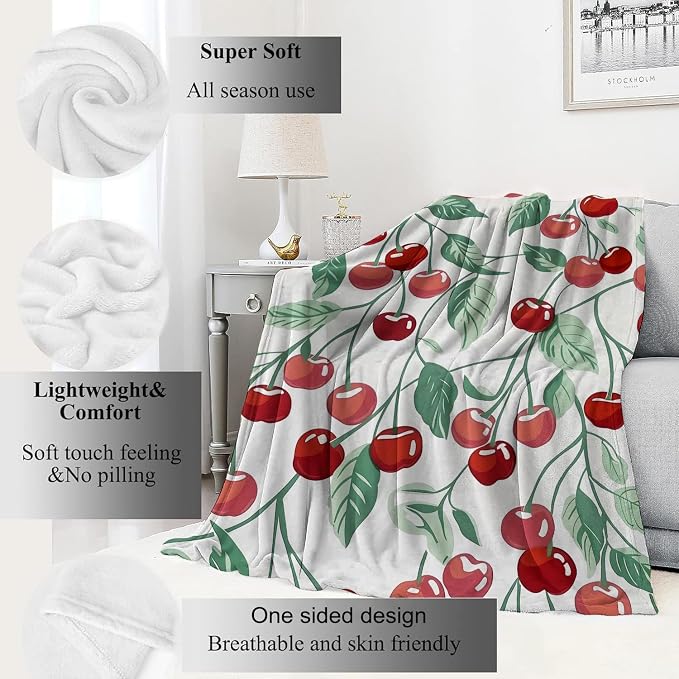 Cherry Blanket Fresh Red Fruit Throw Blankets with Green Leaves,Birthday Gifts for Kids Adult Women,Lightweight Soft Fleece,for Sofa Couch Bed Room Farmhouse Summer Decor 40x50in