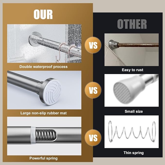 Ausemku Shower Curtain Rod 32-94 Inch Adjustable - 1 Inch Diameter Heavy Duty No drill Spring Tension Shower Rod, Non-Slip Rustproof Telescopic Rod for Bathroom, Nickel