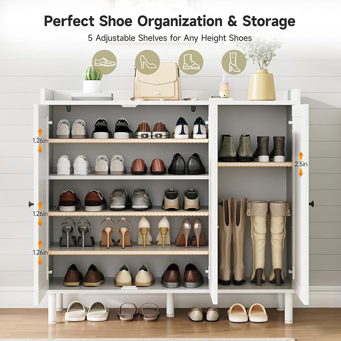 ONBRILL Shoe Cabinet with 3 Doors and Adjustable Shelves, 30 Pairs Shoe Storage Cabinet, 40 Inch Tall Farmhouse Shoe Rack Shoe Organizer Cabinet for Entryway Living Room Closet, White
