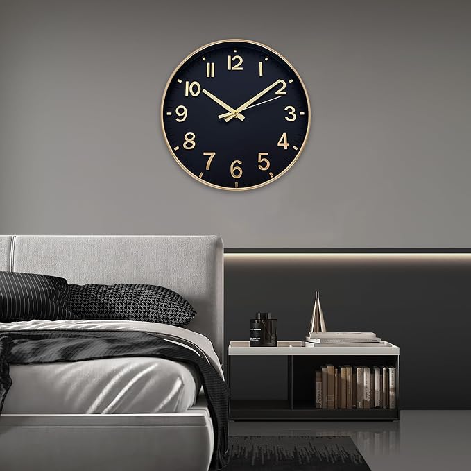 HZDHCLH Wall Clocks Battery Operated,Wall Clock Black Gold,10 inch Wall Clock Silent Non Ticking Modern 3D Numbers for Kitchen Bedroom Living Room Office Classroom Decor