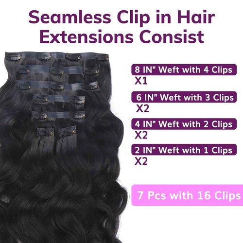 IDN BEAUTY Seamless Clip In Hair Extensions Human Hair, Body Wave 16 Inch 110g 7pcs Natural Black Real Virgin Human Hair Seamless Clip Ins For Black Women PU Weft Invisible Edge