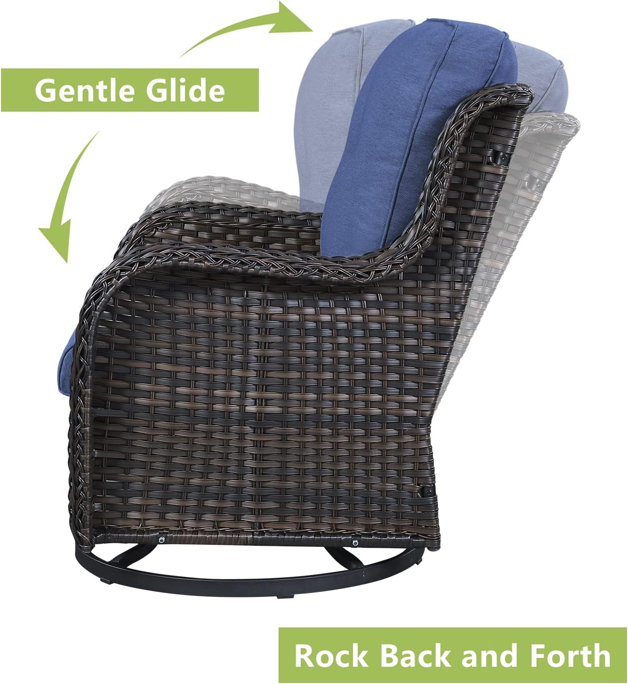 Outdoor Patio Swivel Rocker Chairs - 3 Piece Patio Bistro Set,Wicker Patio Furniture Set with 2 Swivel Rocking Chairs and 1 Glass Top Side Table for Deck Porch Garden,Brown/Blue