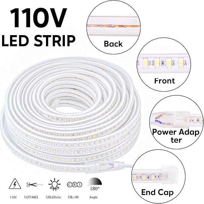 49.2ft Waterproof LED Light Strips AC 110V 120V Outdoor Lights 15m Flexible Cuttable Rope Lights SMD 5730 120LEDs/m 3000K Warm White with US Plug for Bedroom Kitchen Under Cabinet Home