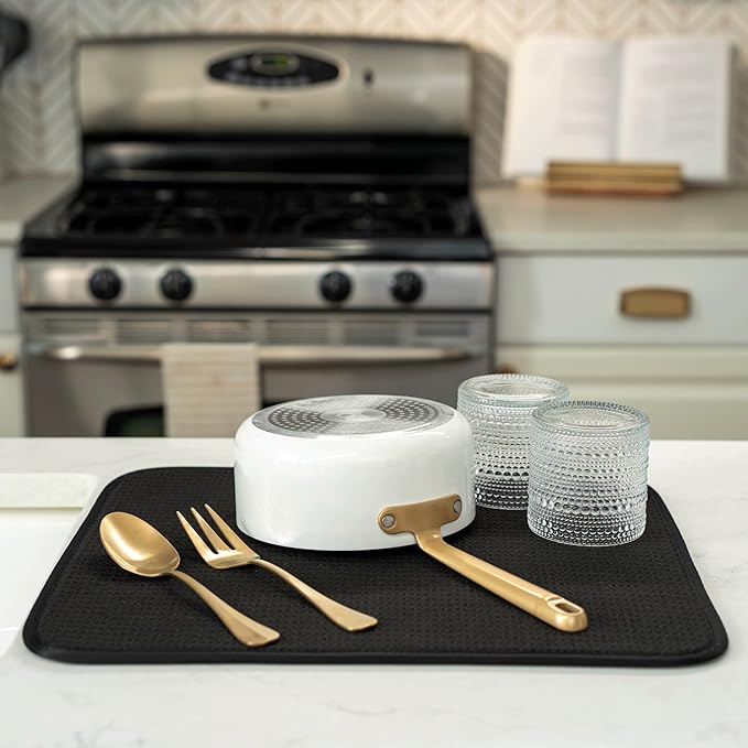 S&T INC. Dish Drying Mat, 16” x 18”, Absorbent Microfiber Kitchen Counter Mat, Dish Drying Pad for Dishes, Utensils, Pots and Pans, Large, Black