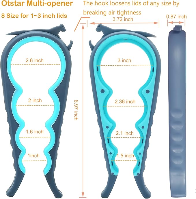 Otstar Jar Openers for Weak Hands, 5 in 1 Bottle Opener for Seniors with Arthritis - Multifunctional Lid Remover Set, Includes Non-slip Rubber Jar Gripper Pad, Wine Opener (Blue and Grey)