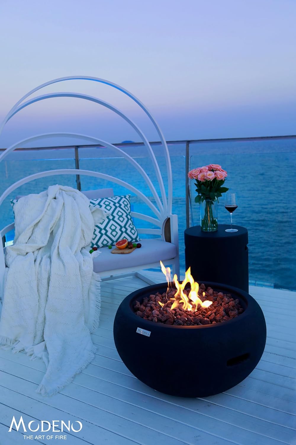 AMS Fireplace | Modeno York Package | Black Natural Gas Fire Pit Table for Outside Patio Bundle with SS Burner Lid | Free Ice Bucket
