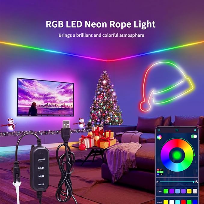 Neon Rope Light, 6.56FT RGB LED Strip Light APP Control, Button Control, 5V Musci Sync Color Changing Rope Light, IP65 Waterproof LED Light for Bedroom Living, Party, Christmas Decoration