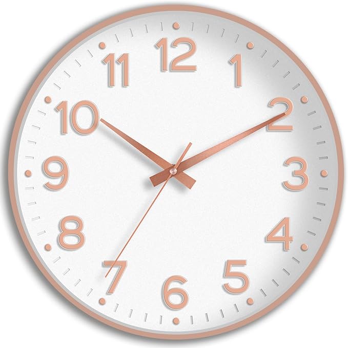 Roymnie Wall Clock 10 Inch Silent Wall Clocks Battery Operated-Modern Non Ticking Analog Clock Decorative for Kitchen Bedroom Office Bathroom(White Rose Gold)