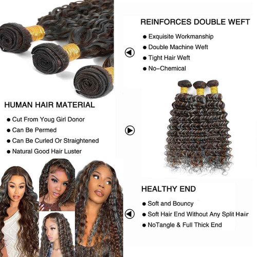 Giginger Bundles Human Hair P4/GREY 22 24 26 inch Deep Wave Human Hair Bundles Highlight Chocolate Grey Unprocessed Quick Weave Soft Sewn In Hair Extensions for Black Women