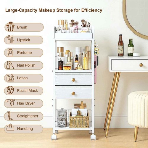 DongRong Floor Makeup Organizer with Lockable Wheels & 8 Dividers, 2-Drawer Rolling Skincare Cart for Cosmetics/Perfume/Nail Polish, Mobile Vanity Storage - White (Bathroom/Bedroom Use)