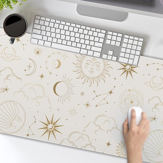 Boho Chic Sun Moon Large Mouse Pad XL Magic Mystical Galaxy Stars Clouds Extended Large Desk Mat Big White Desk Pad 80X30 CM Non-Slip Rubber Base Stitched Edge Long Mousepad,31.5×11.8 Inch