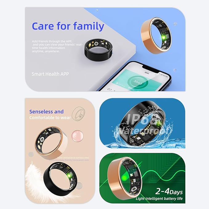 Smart Ring for Men & Women, Fitness and Health Tracker with Sleep Monitoring, Steps Counting, Daily Wellness Insights, IP68 Waterproof, No Subscription, Compatible with App (Black, 7)