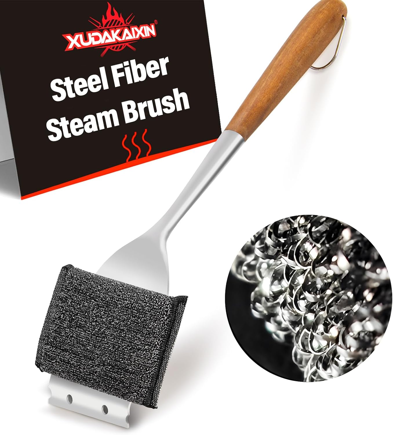 18” Steam Grill Brush Bristle Free,with Extended Luxurious Acacia Wood Handle,Safe Grill Cleaner for Outdoor Grill,Replaceable Head Grill Scraper Tool,BBQ Accessories,Gifts for Men/Dad ﻿