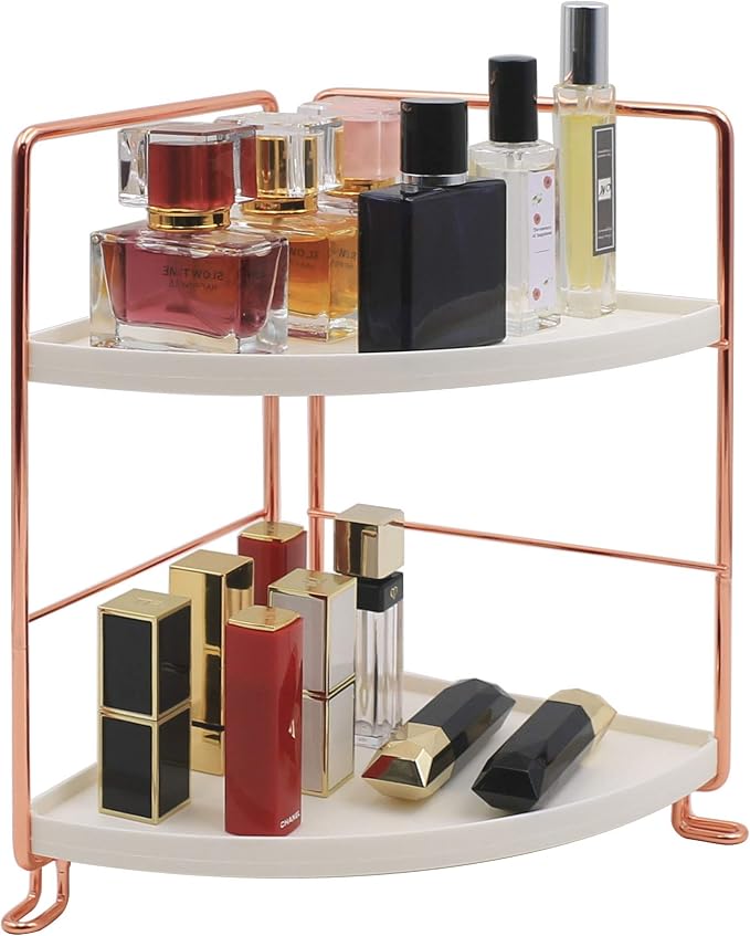 2-Tier Bathroom Countertop Organizer - Vanity Tray Cosmetic & Makeup Storage- Kitchen Spice Rack Standing Shelf - Corner Storage Shelf, Rose Gold