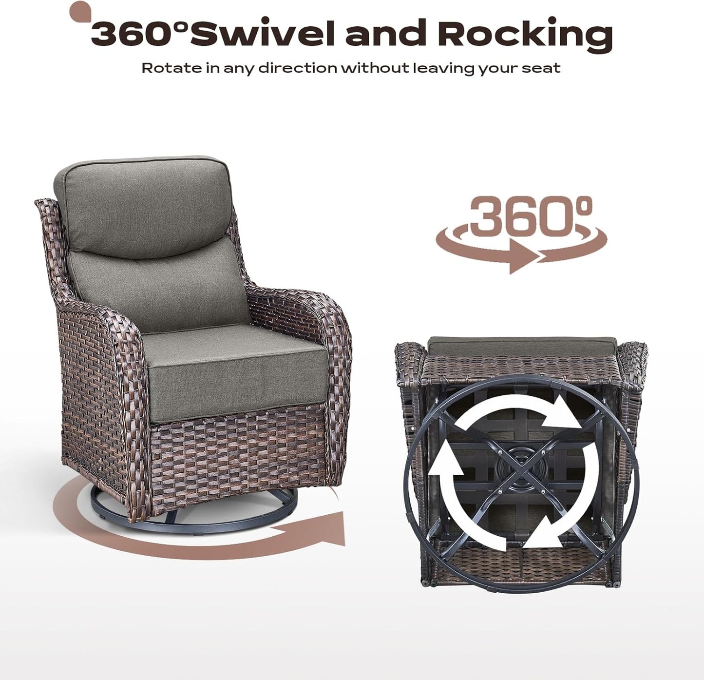 Wicker Outdoor Patio Furniture Set - 8 Piece Patio Conversation Sets with Swivel Rocker Chairs, Ottomans, Sofa and Coffee Table, 6 inch Cushions, Deep Seating, for Porch Deck Brown/Grey