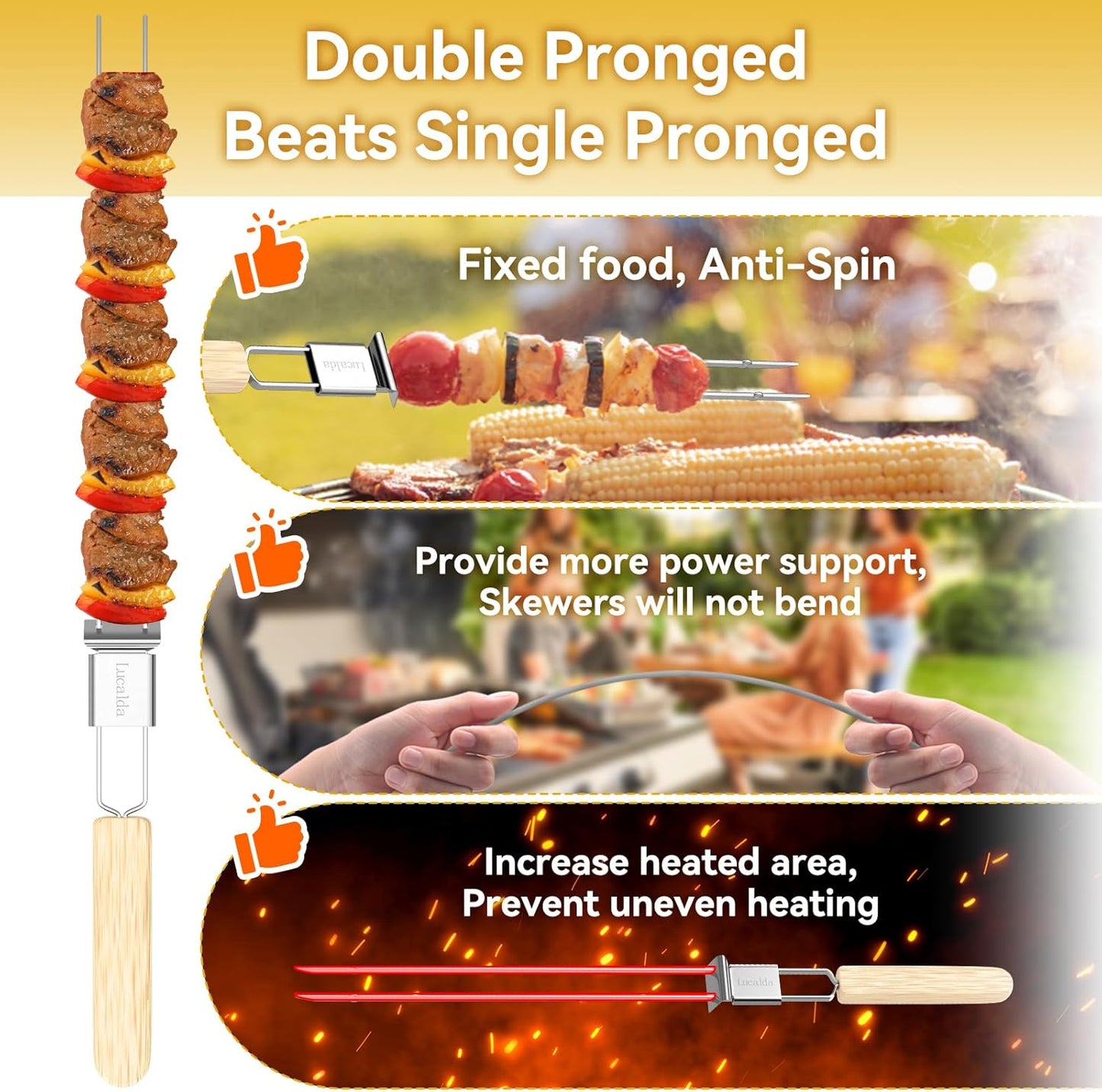 Skewers for Grilling, 17" (10 Pcs) Wooden Handle Double Pronged Stainless Steel Flat Kabob Skewers with Push Bar, Reusable Long Metal Skewer Sticks for Meat Chicken Vegetable, BBQ Accessories