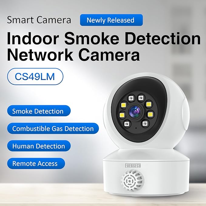 EVERSECU Smoke & Gas Detection Home Security Camera with Sound Alarm & Real Time Alert, Humanoid Auto Tracking, 2 Way Audio, Night Vision, Compatible with Alexa, Baby Monitor/Elder/Pet Camera
