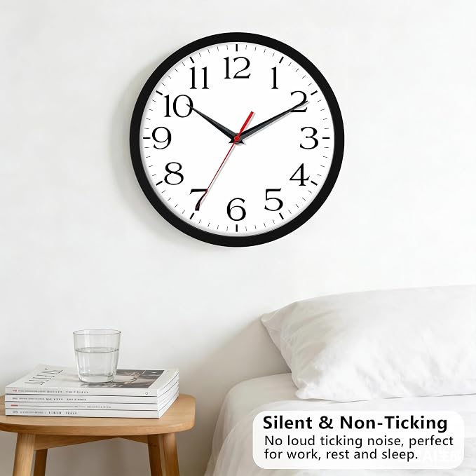 DAXSMY 14 Inch Wall Clock - Battery Operated, Silent Non-Ticking Analog Sweep Movement - Easy to Read Numbers for Home, Office, Kitchen, Classroom (Black)